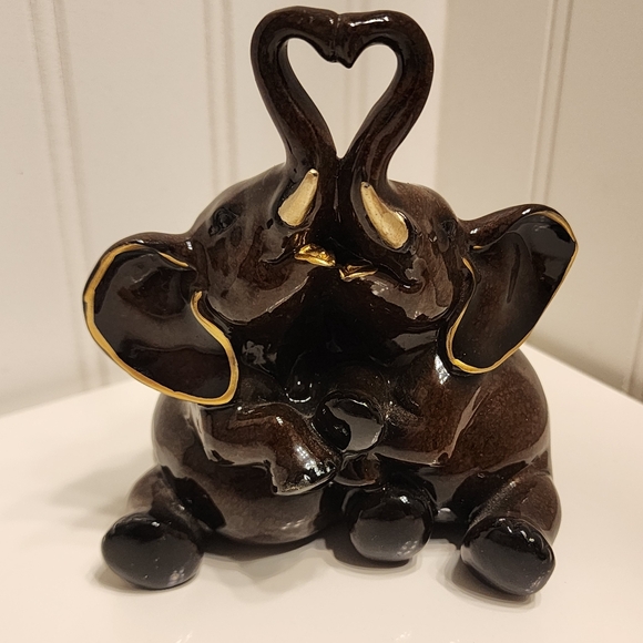 Beautiful Playful Pachyderms Trunk Up Elephants Figurine with Gold Detail - Picture 1 of 4